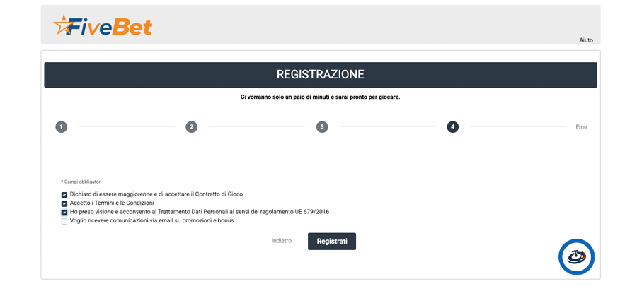 Modulo di iscrizione FiveBet
