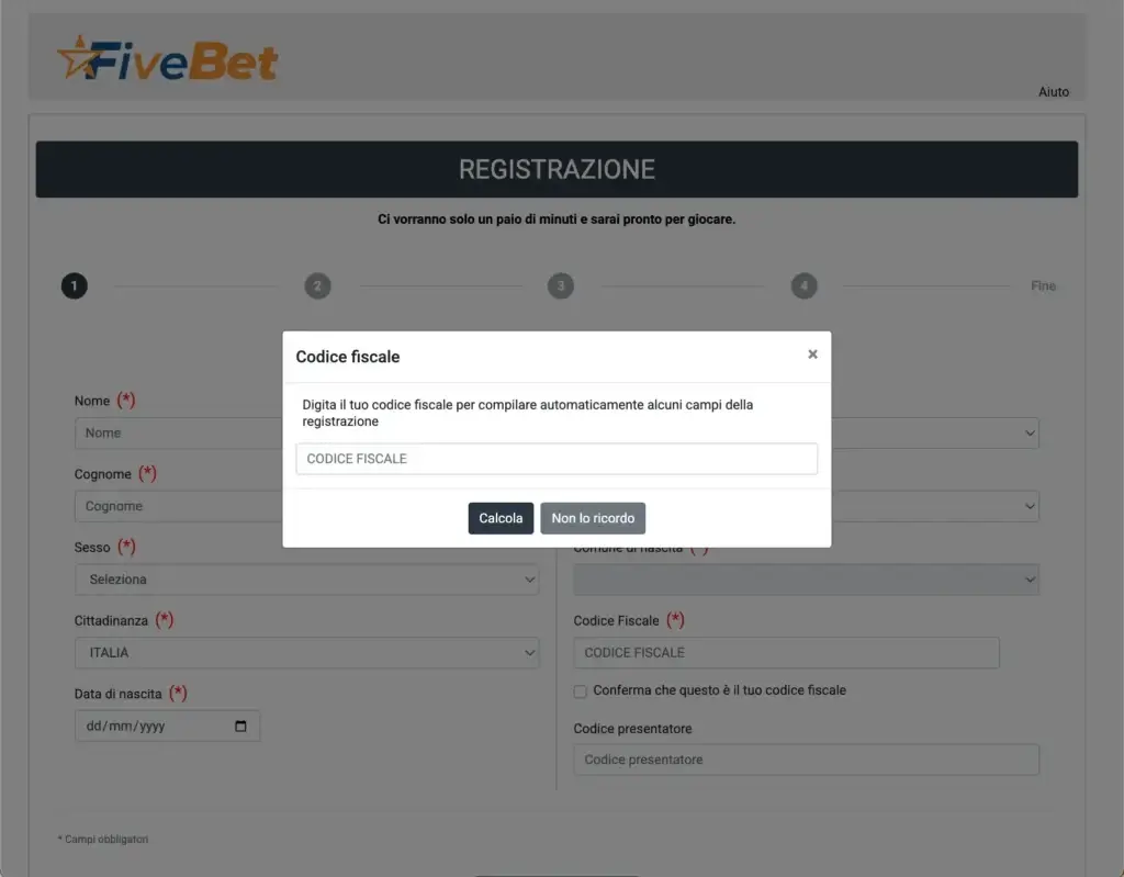 Apertura del conto FiveBet